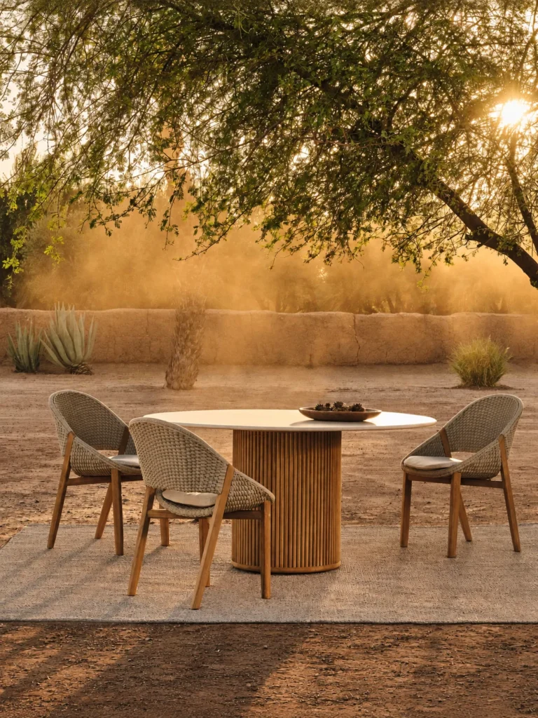 Outdoor dining table and chairs arranged in a desert courtyard